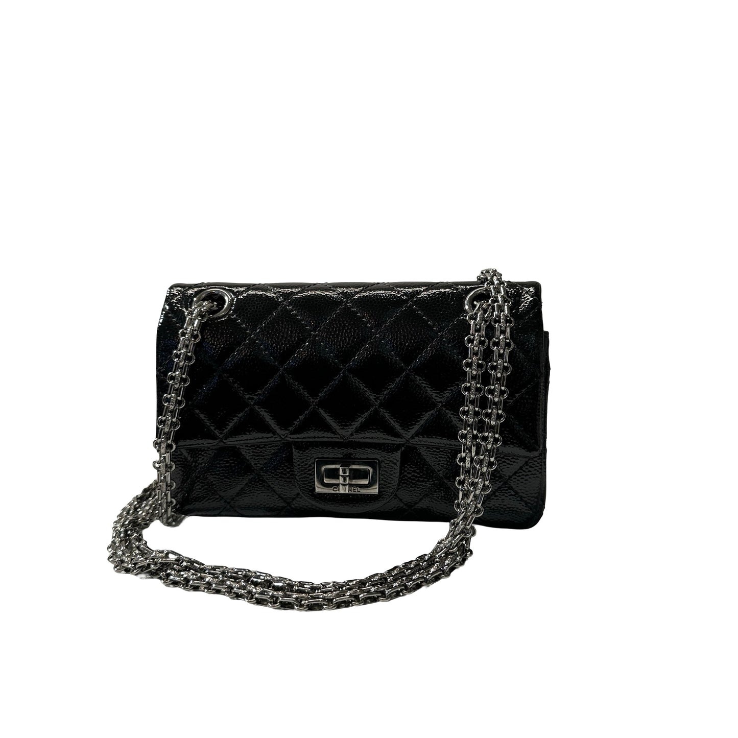 Used CHANEL Patent Leather 2.55 Mini 224 Double Flap Shoulder Bag Black PHW