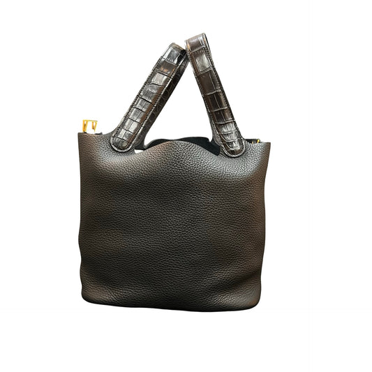 Used HERMES Clemence Crocodile Picotin Lock Handbag Black GHW