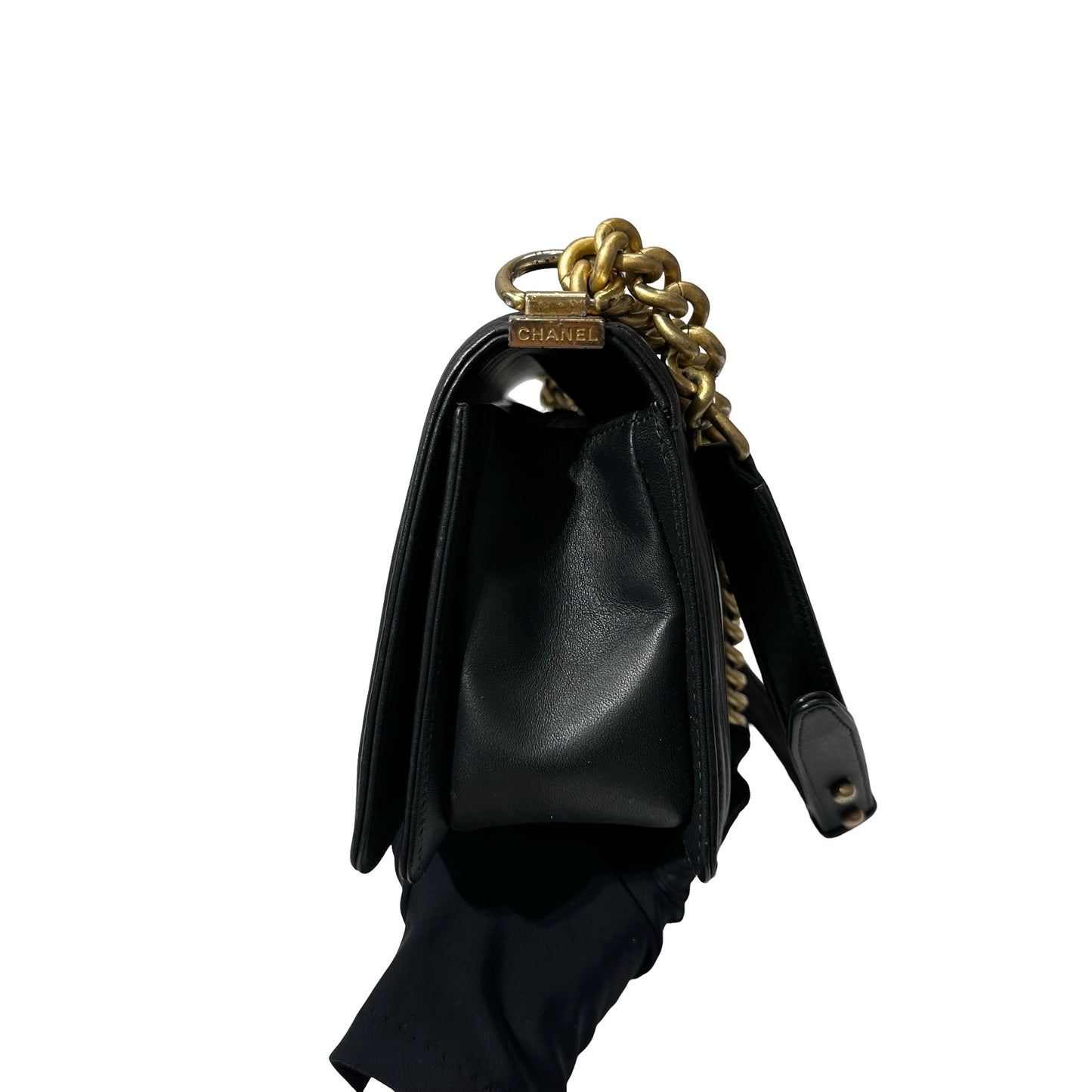 Used Chanel Lambskin Leather Boy 25 Shoulder Bag Black GHW