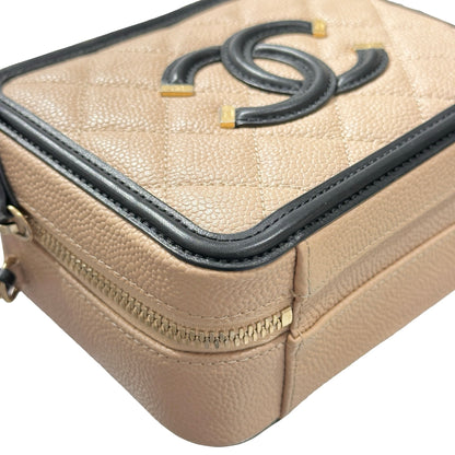 Used CHANEL Calfskin Leather Cross Body Bag Beige GHW