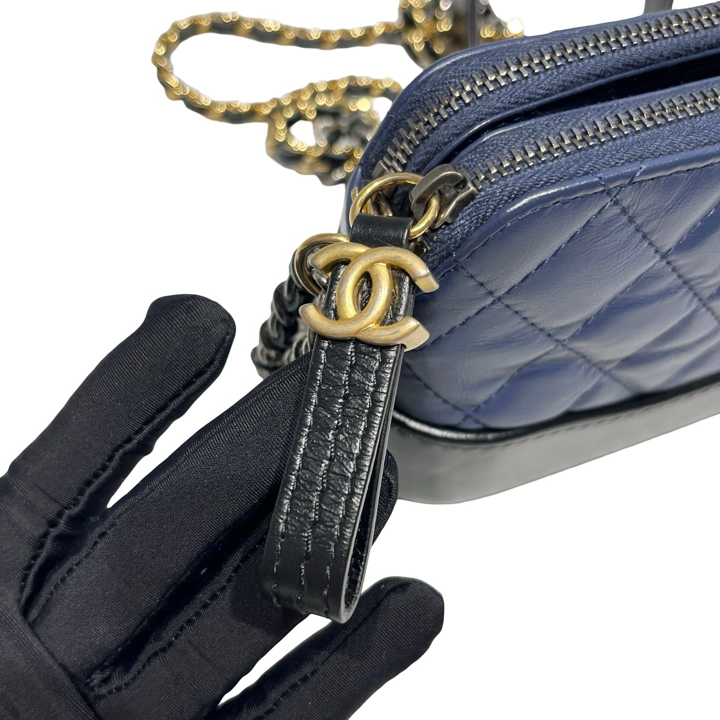 Used Chanel Calfskin Leather Gabrielle small Cross Body Bag Navy GHW Black