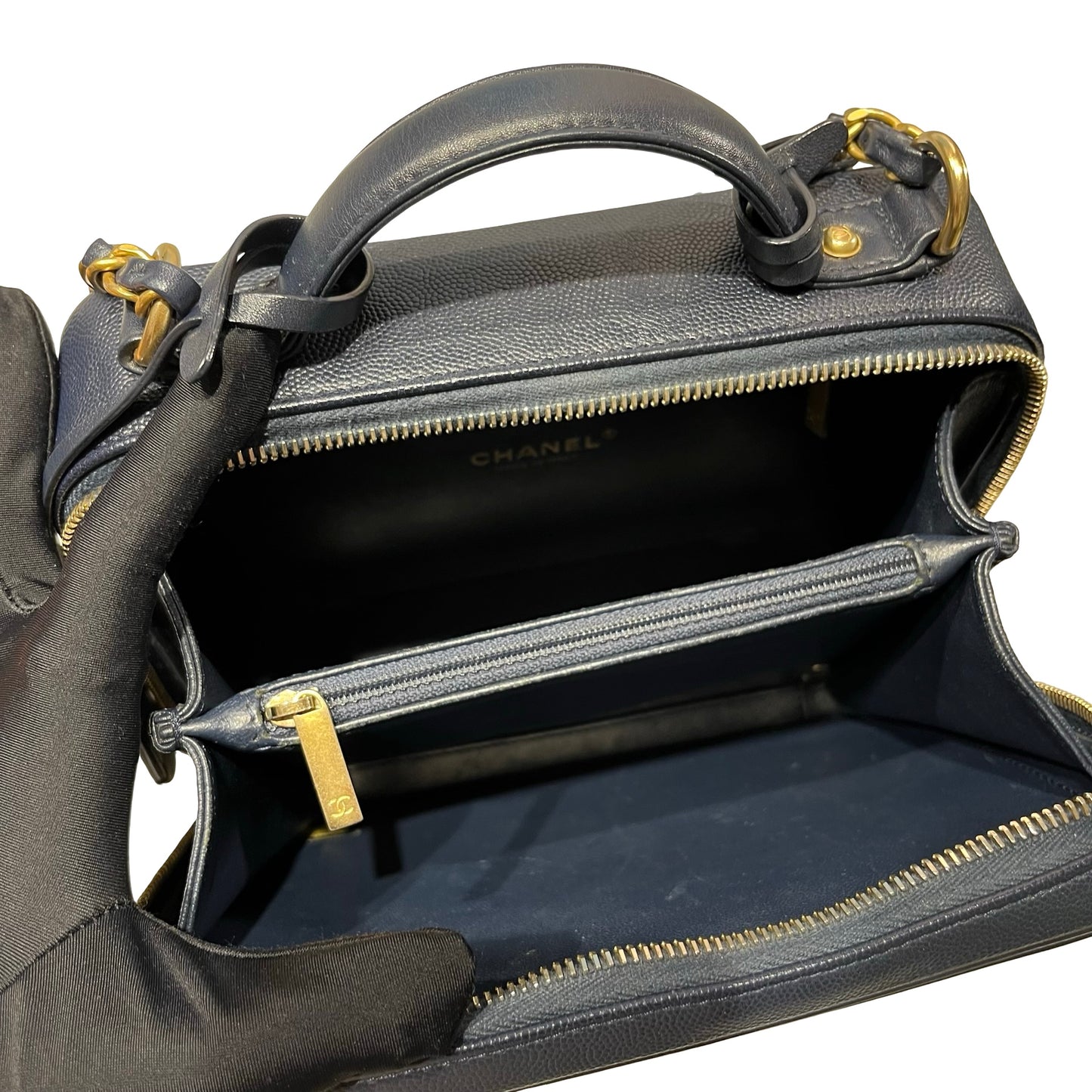 Used CHANEL Calfskin Leather Chanel Vanity Case Vanity Case Navy GHW
