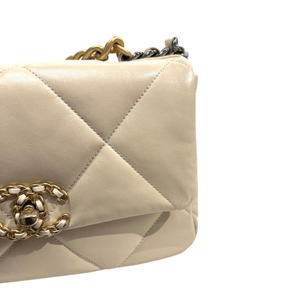 Used CHANEL Lambskin Quilted Chanel 19 Chain Shoulder Bag Cream White GHW