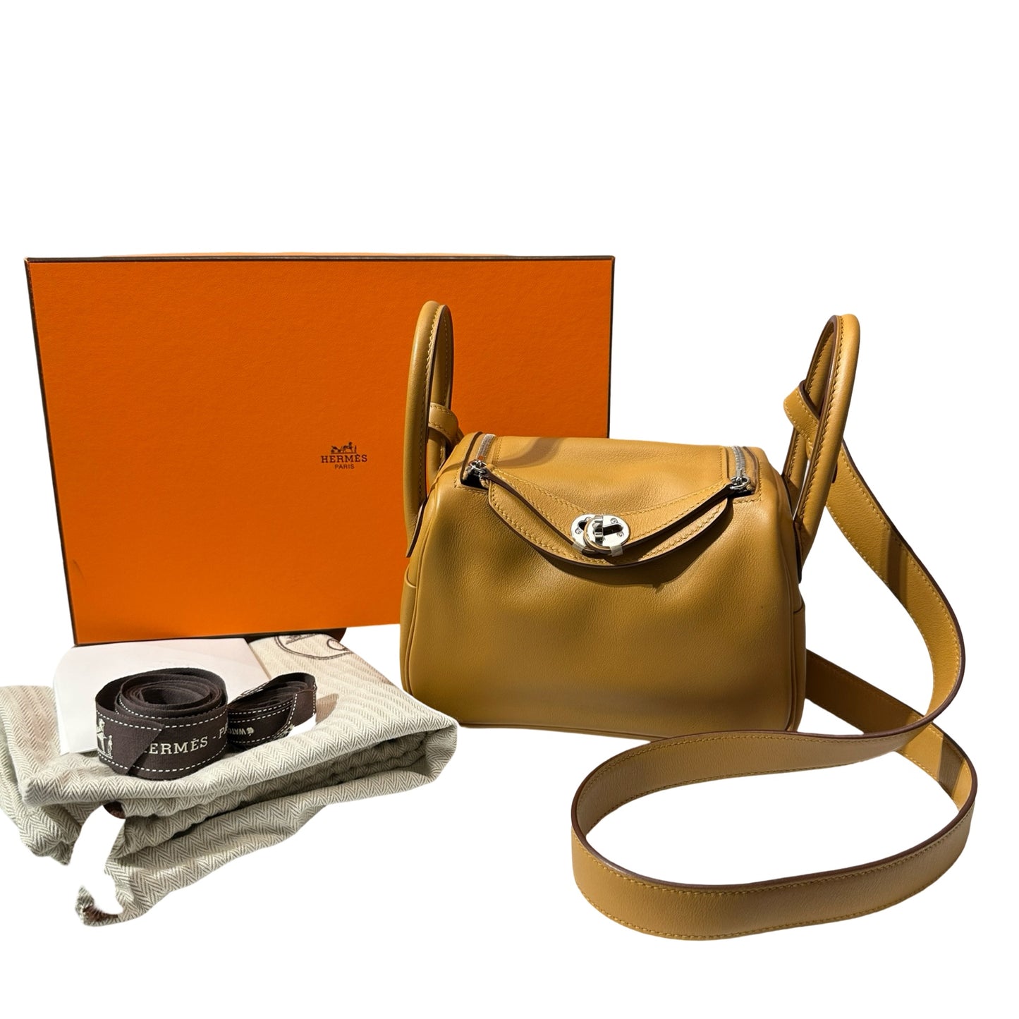 Used Hermès Swift leather Mini Lindy Swift Shoulder Bag PHW Blue Brown