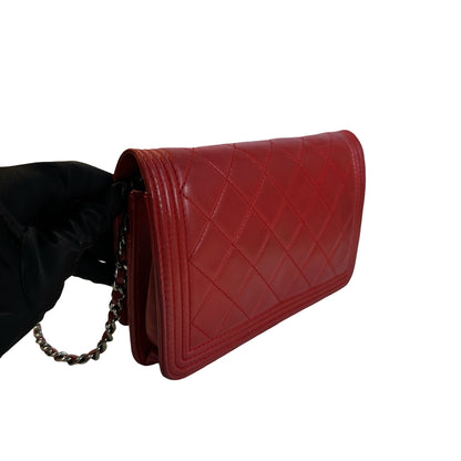 Used CHANEL Quilted Lambskin Boy Wallet on chain Red