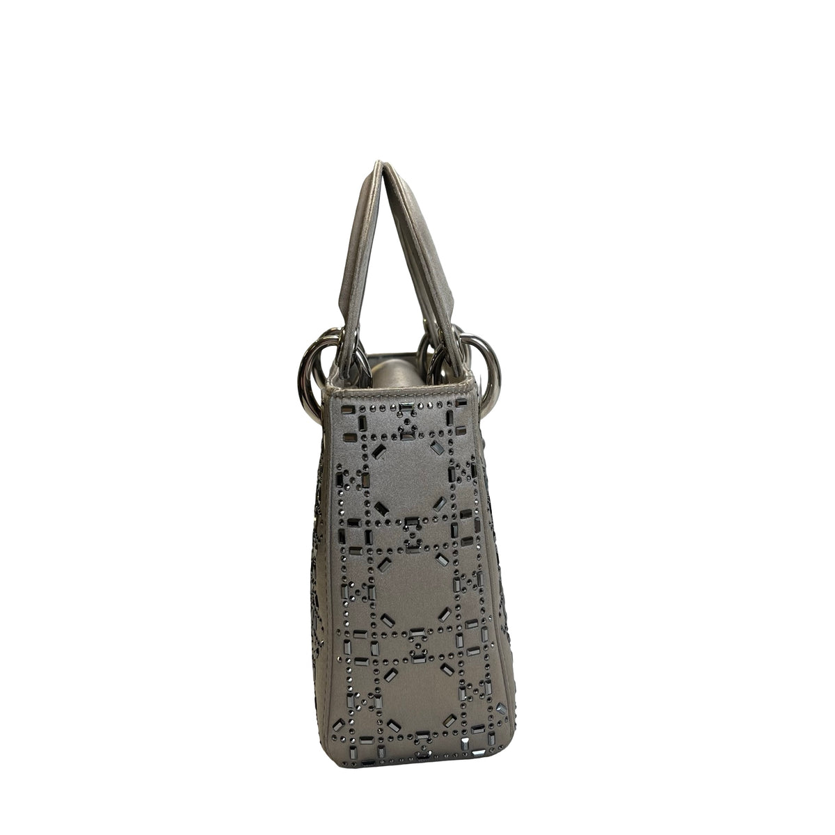 DIOR Cannage Studded Lady Dior Handbag Grey Silver