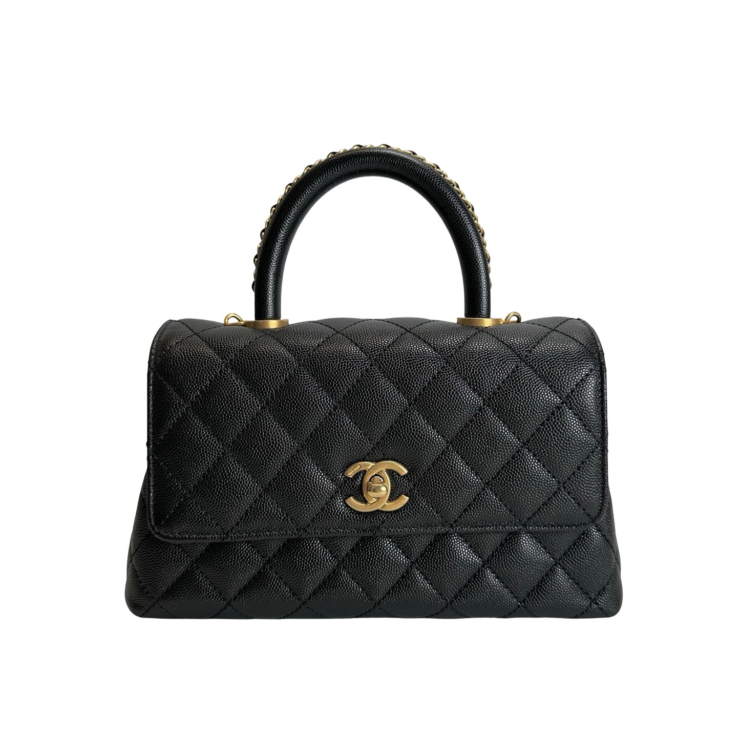 Used CHANEL Quilted Caviar Coco Handle Handbag Black Gold