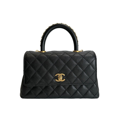 Used CHANEL Quilted Caviar Coco Handle Handbag Black Gold