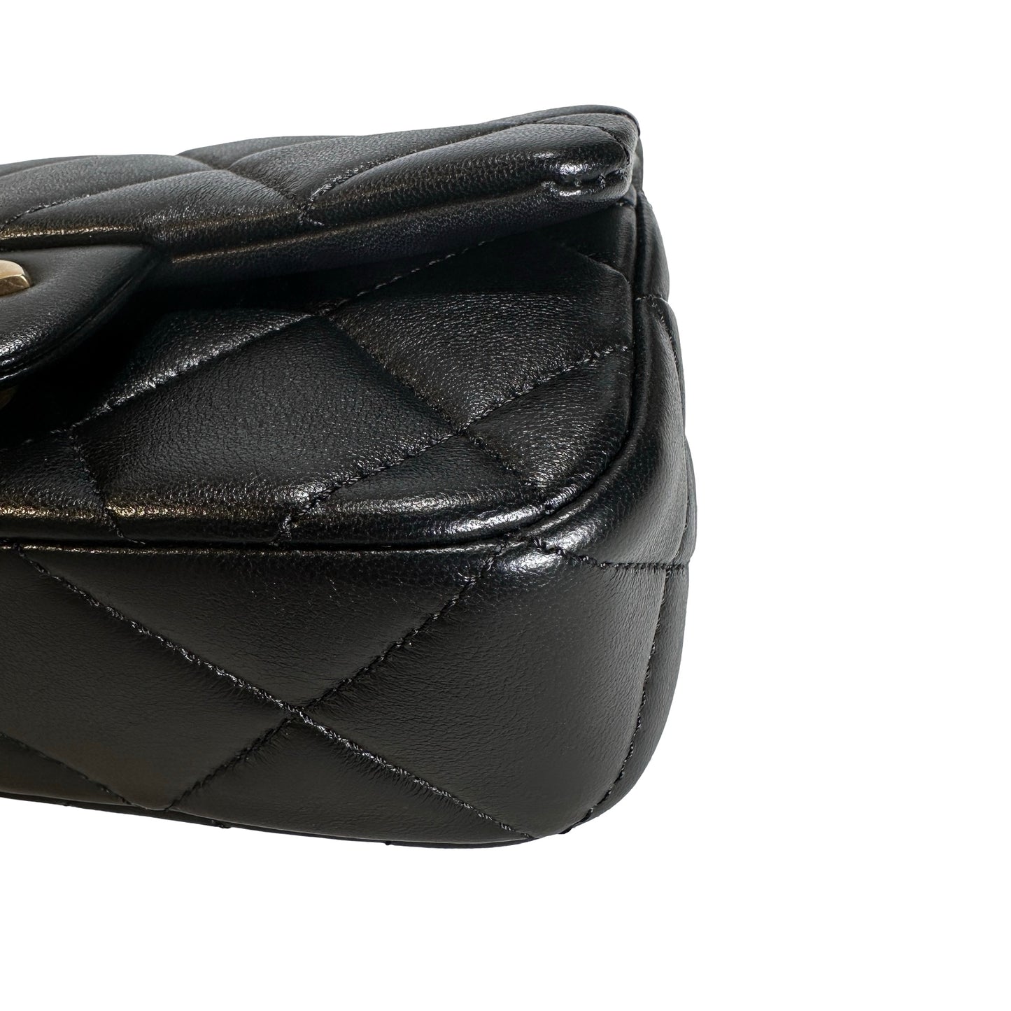 Used CHANEL Lambskin Quilted Mini Flap Bag Pearl Crush Mini Flag Bag with Gold Ball Black Gold