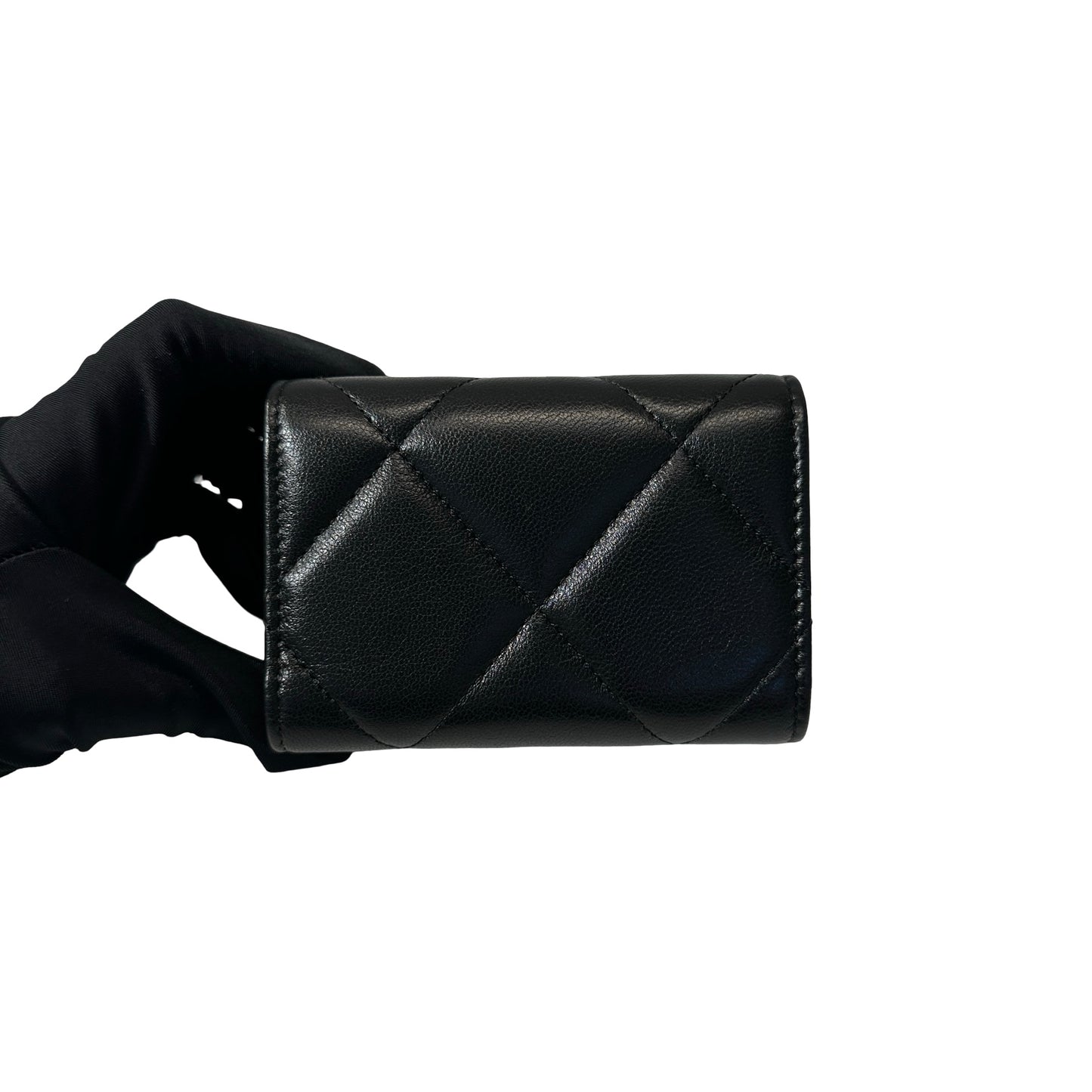 Used Chanel Calfskin Leather C19 Flap Card Holder Black GHW