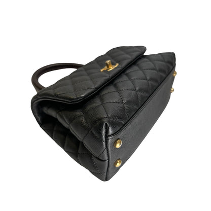 Used CHANEL Quilted Caviar Leather Coco Handle Handbag Black Gold