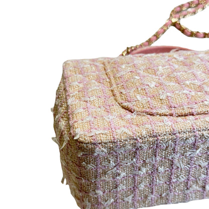 Used CHANEL Tweed Quilted Mini Flap Bag with Top Handle Handbag Pink White