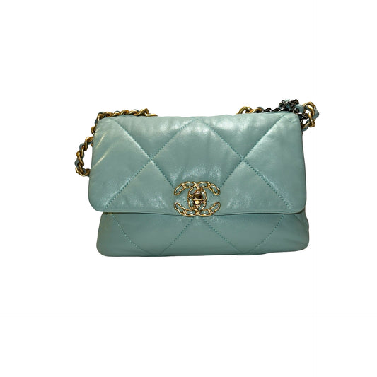 Used CHANEL Lambskin Quilted Chanel 19 Chain Shoulder Bag Light Blue Gold