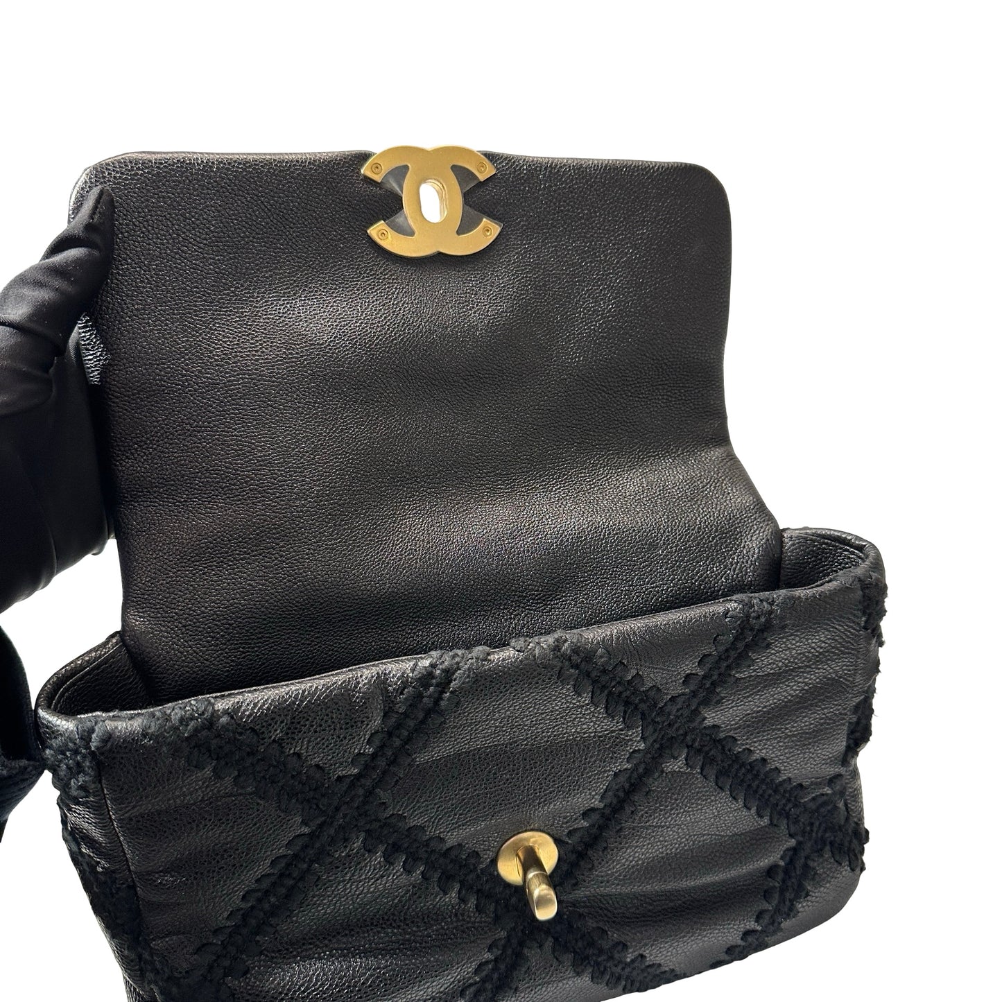 Used CHANEL Calfskin Leather 19 Small Calfskin Shoulder Bag Black GHW