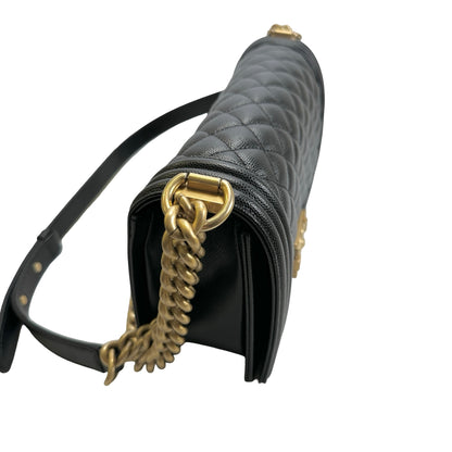 Used CHANEL Quilted Caviar Leather Le Boy Shoulder Bag Black Gold Hardware