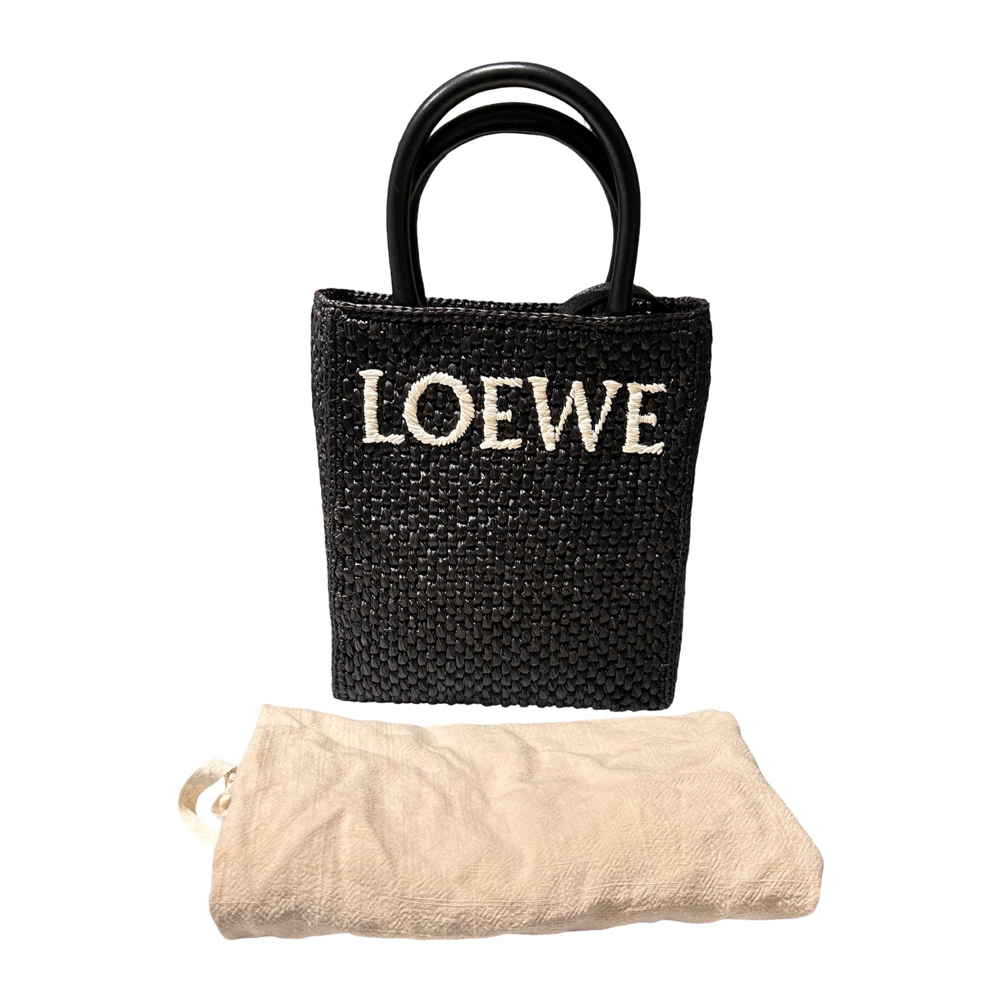 Used LOEWE Raffia A5 Tote Cross Body Bag Black