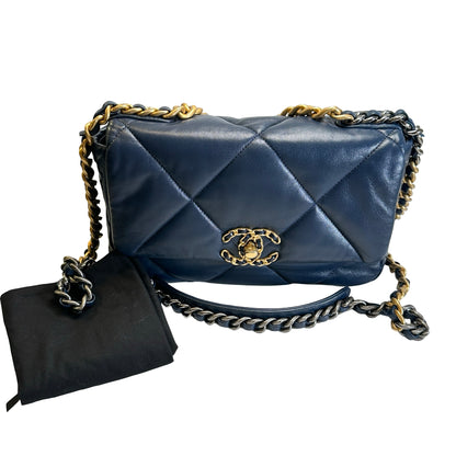 Used CHANEL Lambskin Quilted Chanel 19 Shoulder Bag Navy Blue