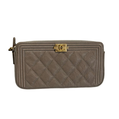 Used CHANEL Quilted Caviar Boy Chanel Zipped Wallet Long wallet Grey Gold