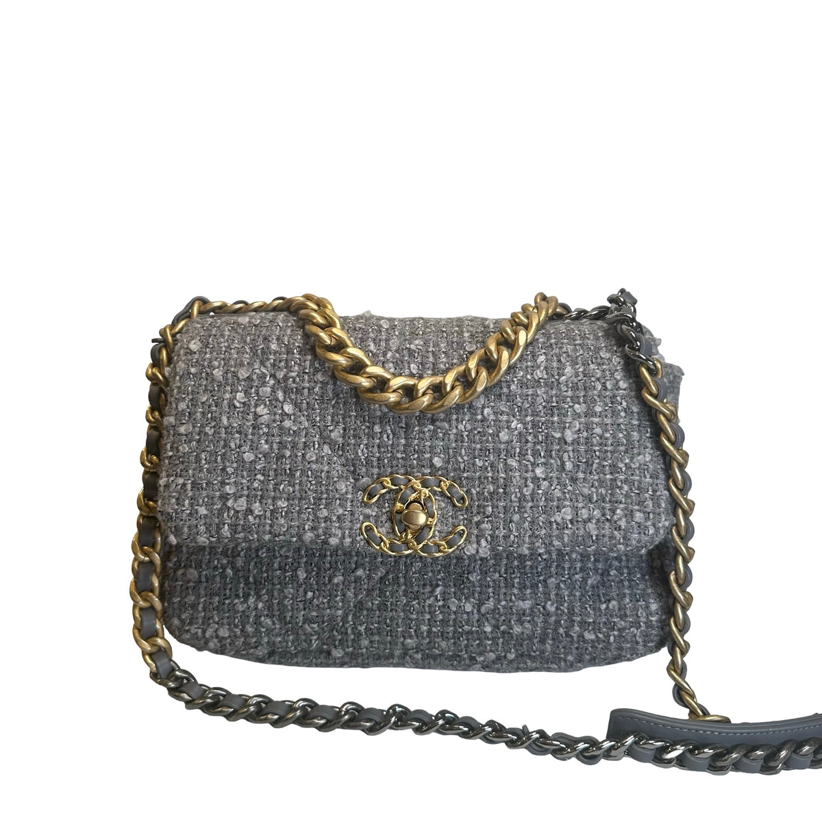 Used CHANEL Tweed Chanel 19 Chain Shoulder Bag Grey，GHW