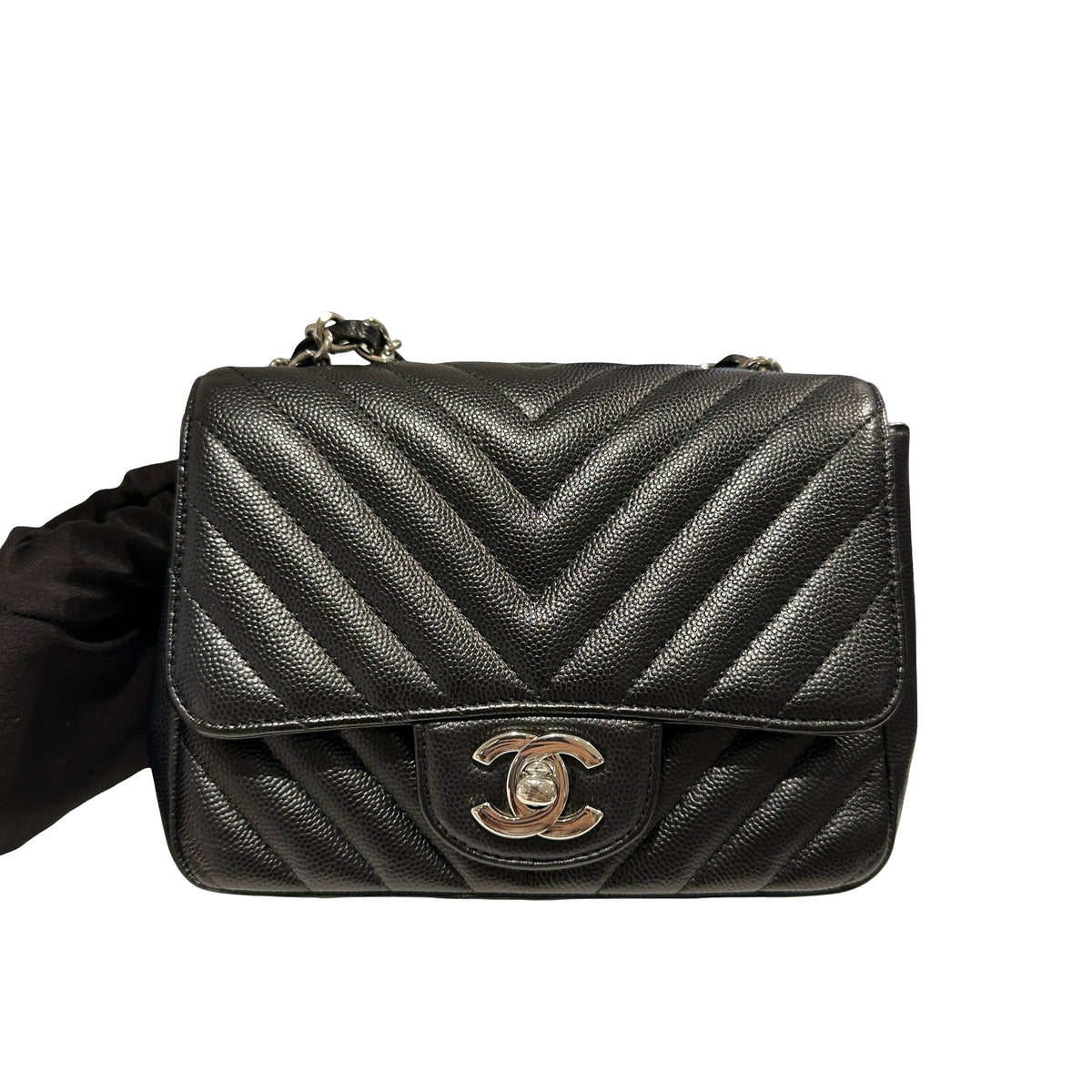 Used CHANEL Caviar Leather Mini Rectangular Flap Chain Shoulder Bag Black PHW