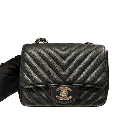 Used CHANEL Caviar Leather Mini Rectangular Flap Chain Shoulder Bag Black PHW
