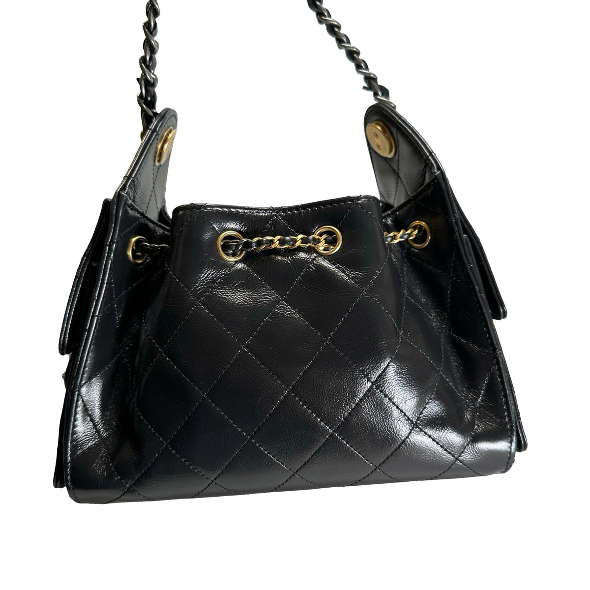 Used CHANEL Quilted Leather Chanel 25 Mini Handbag Black Gold