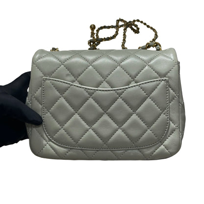 Unused CHANEL Min Flap 17cm with Gold Ball Cross Body Bag Grey GHW