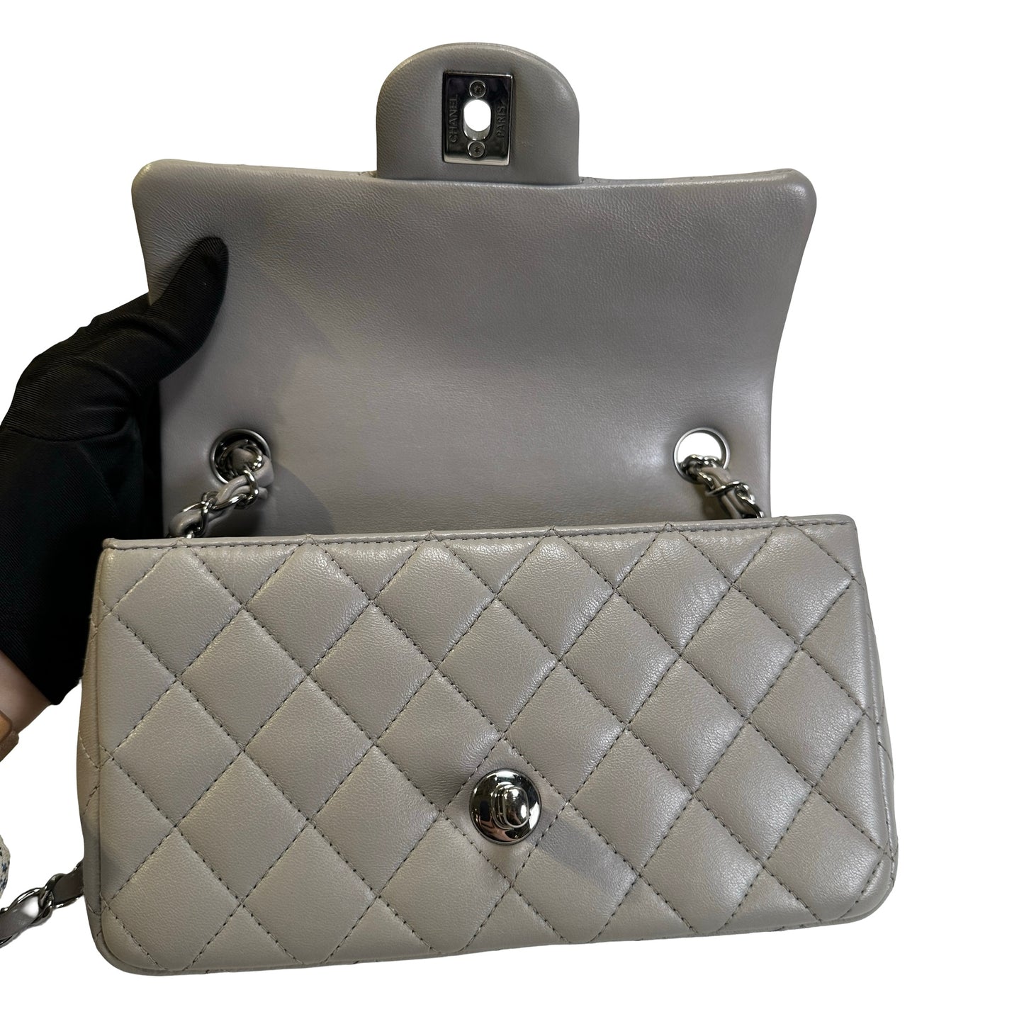 Used CHANEL Quilted Lambskin Mini Rectangular Flap Bag Shoulder Bag Grey Silver Hardware