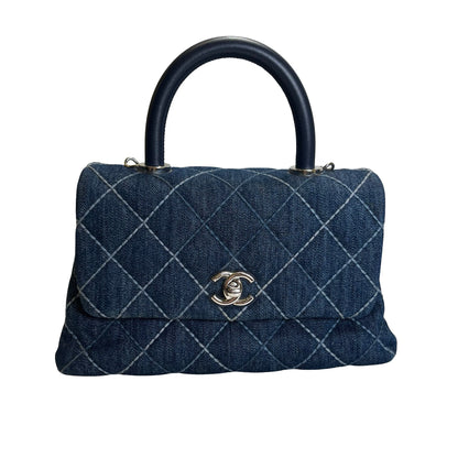 Used CHANEL Quilted Denim Coco Handle Small Handbag Denim Navy