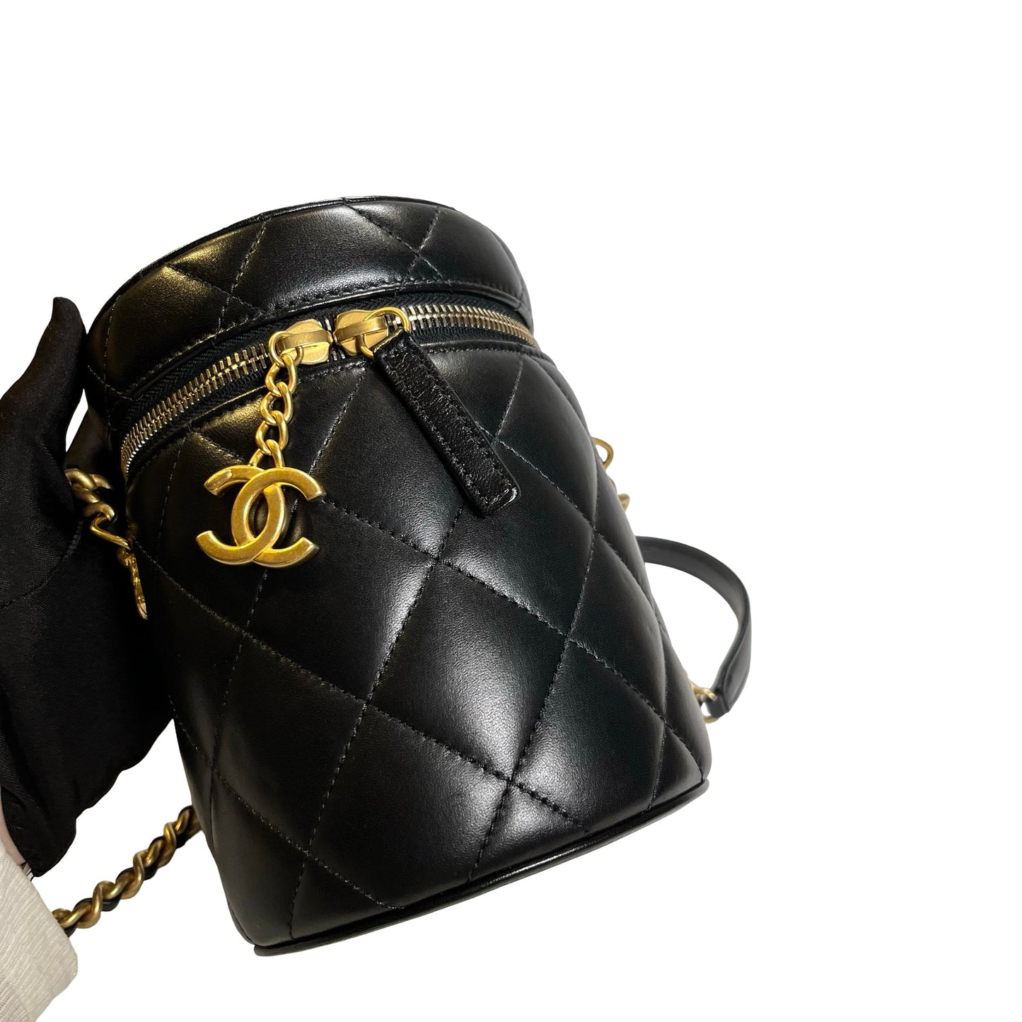 Used CHANEL Diamond Quilted Lambskin Cylindrical Vanity Case with Chain Vanity case Black GHW