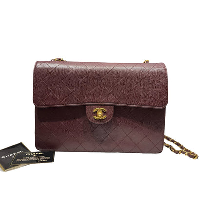 Used CHANEL Caviar Leather Vintage Half Flap Chain Shoulder Bag Burgundy