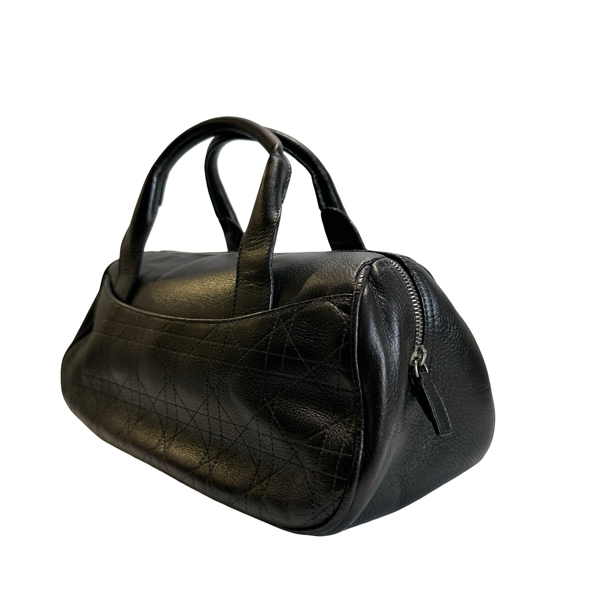Used DIOR Cannage Leather Cannage Handbag Handbag Black Silver