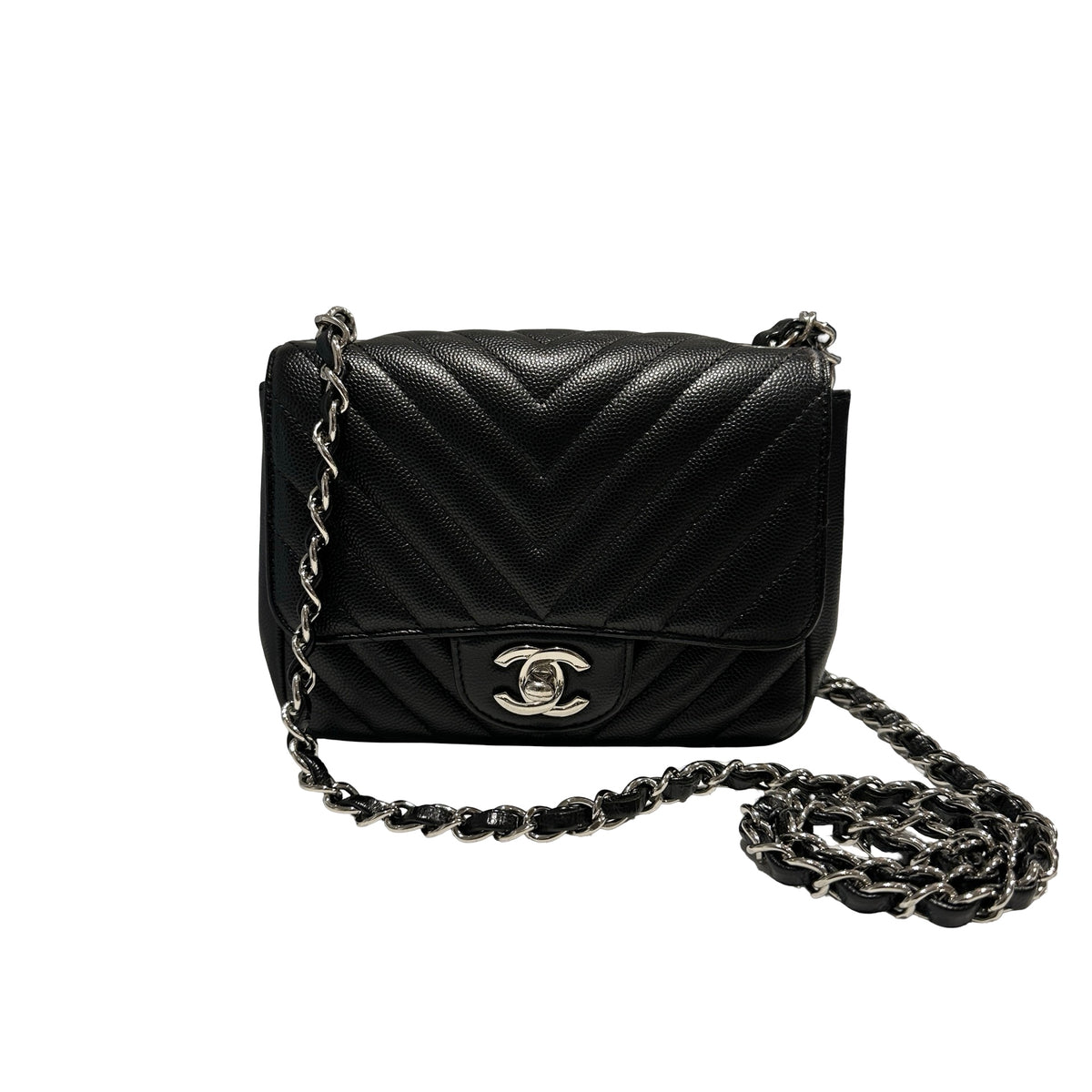 Used CHANEL Caviar Leather Mini Rectangular Flap Chain Shoulder Bag Black PHW