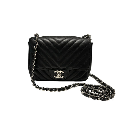 Used CHANEL Caviar Leather Mini Rectangular Flap Chain Shoulder Bag Black PHW