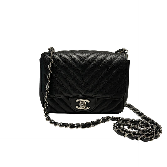 Used CHANEL Caviar Leather Mini Rectangular Flap Chain Shoulder Bag Black PHW
