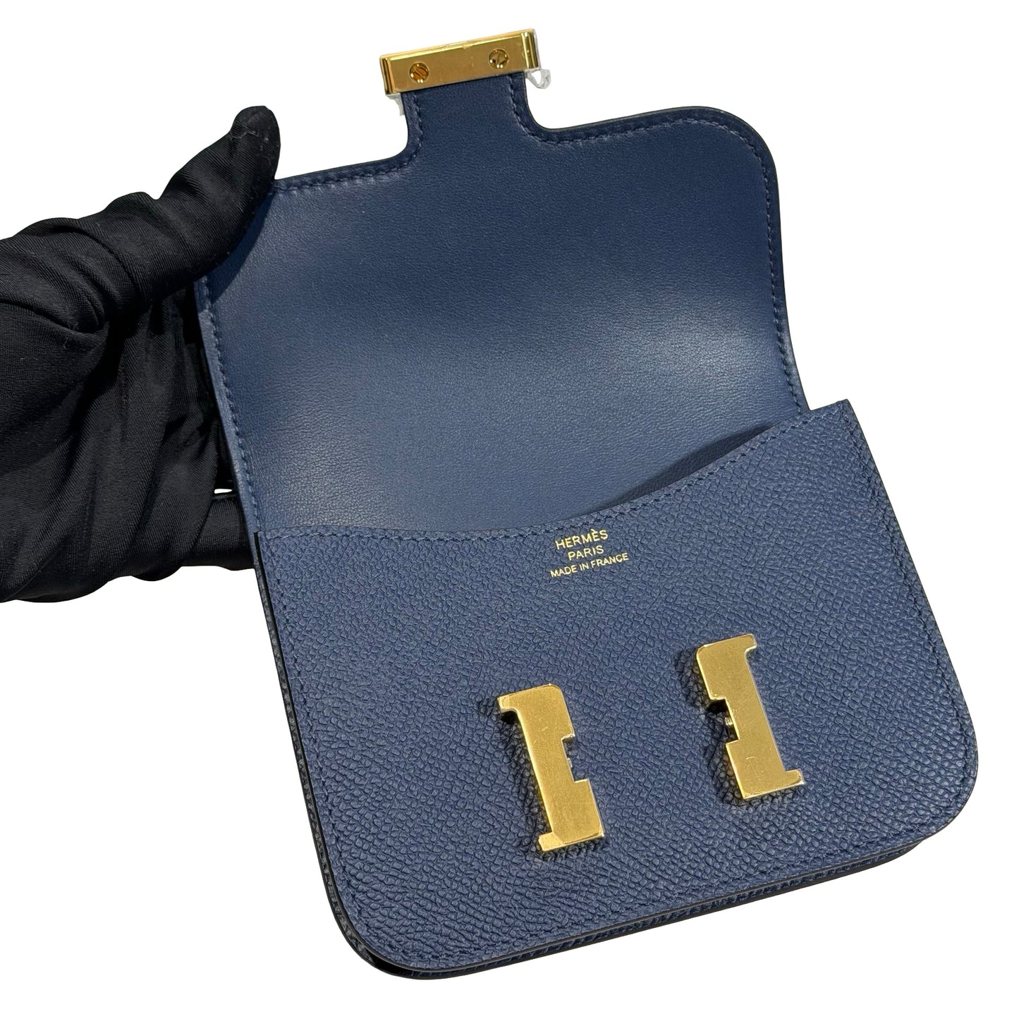 Used HERMÈS Leather Used Hermès Leather Constance Slim Wallet Wallet Navy Blue GHW