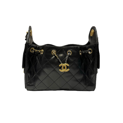 Used CHANEL Calfskin Leather Mini 25 Shoulder Bag Black GHW