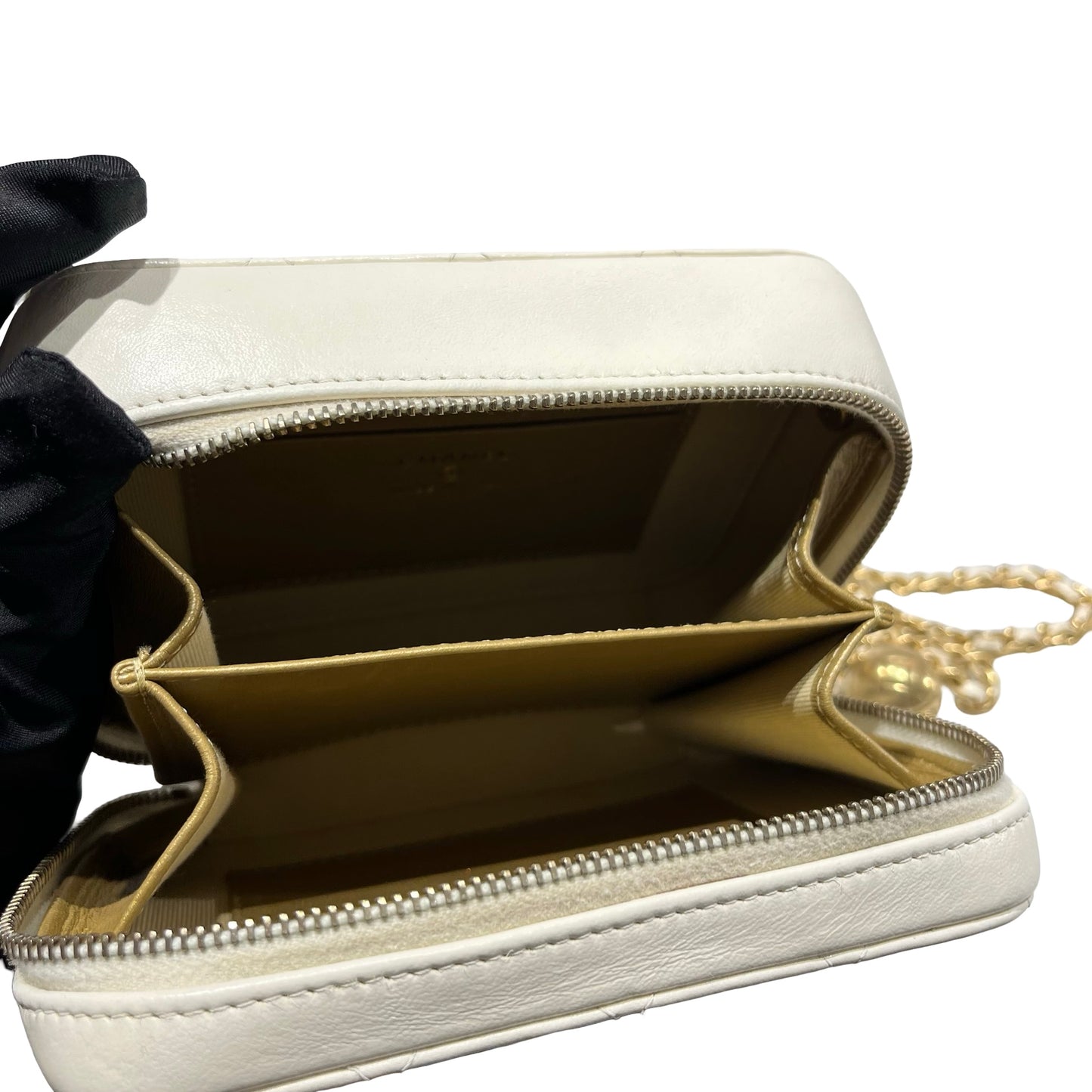 Used CHANEL Lambskin Leather Camera case with golden ball Camera Bag White GHW