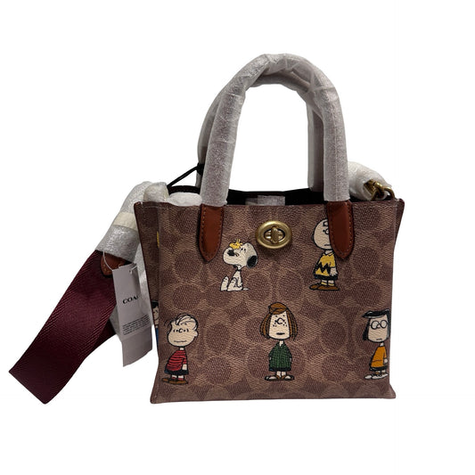 New COACH Canvas Coach X Peanuts Willow 18 Cross Body Bag Brown Red GHW