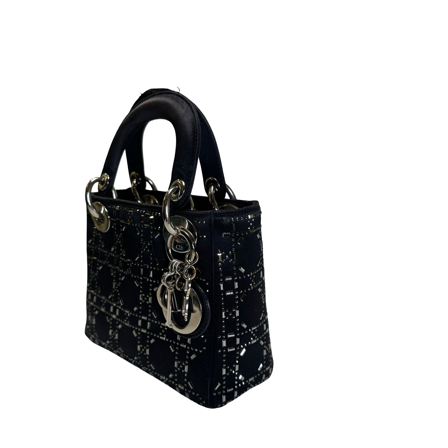 Used DIOR Cannage Rhinestone Lady Dior Handbag Black Silver
