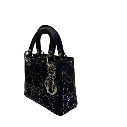 Used DIOR Cannage Rhinestone Lady Dior Handbag Black Silver