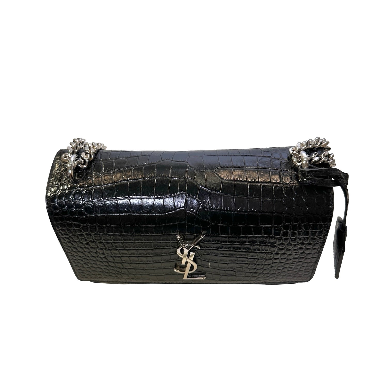 SAINT LAURENT Crocodile Embossed Leather Sunset Chain Shoulder Bag Black PHW