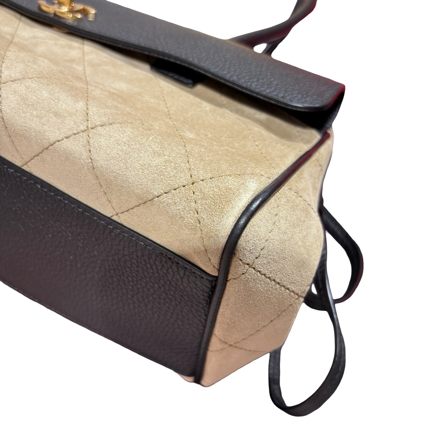 Brand New CHANEL Quilted Suede Leather Top Handle Flap Bag Shoulder Bag Beige Black