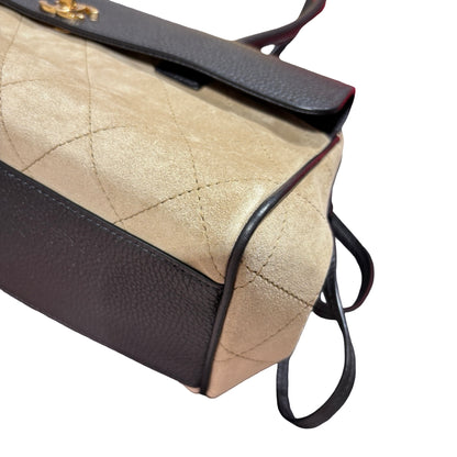 Brand New CHANEL Quilted Suede Leather Top Handle Flap Bag Shoulder Bag Beige Black
