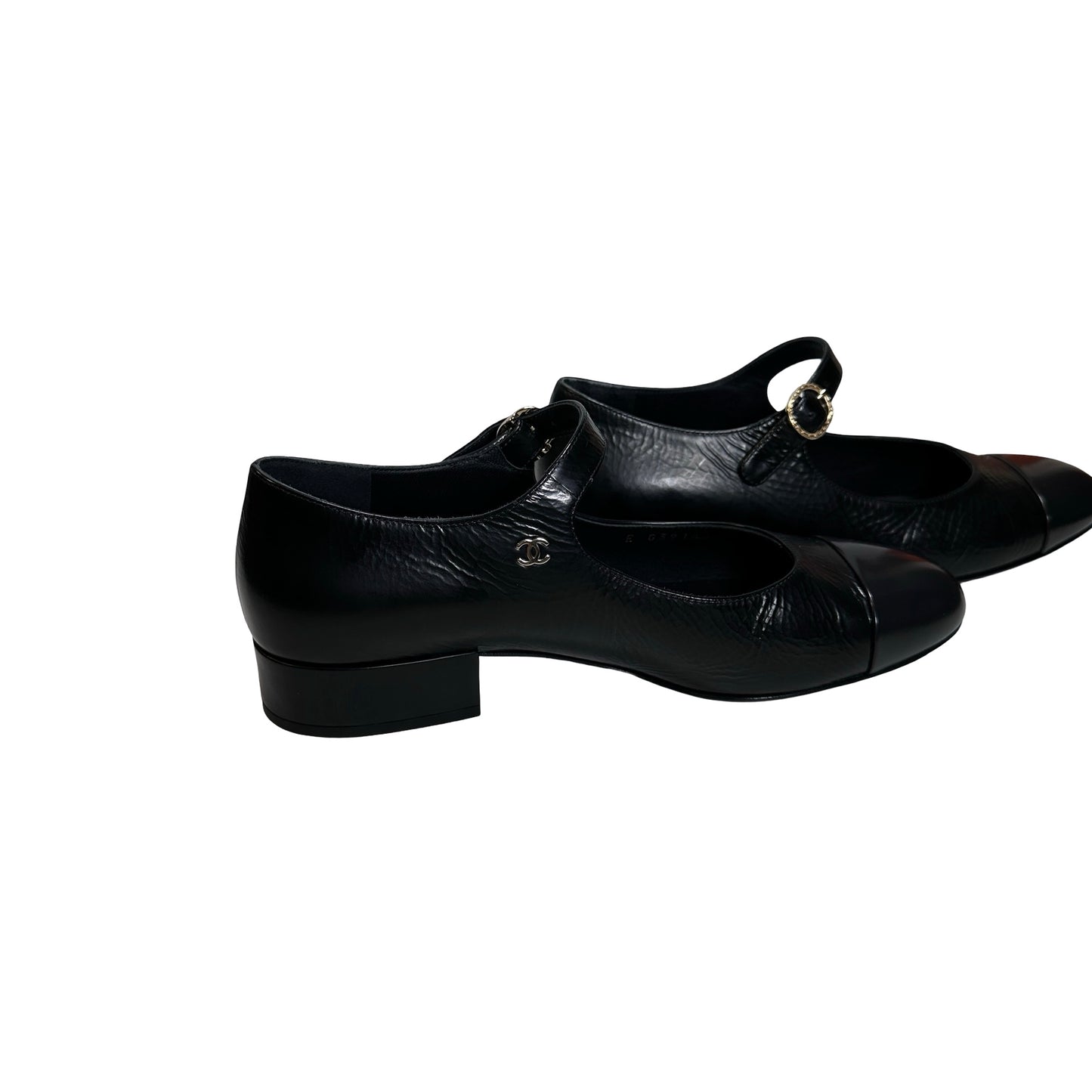 Used CHANEL Crinkled Calfskin Patent Calfskin Mary Jane Pumps Shoes Black GHW