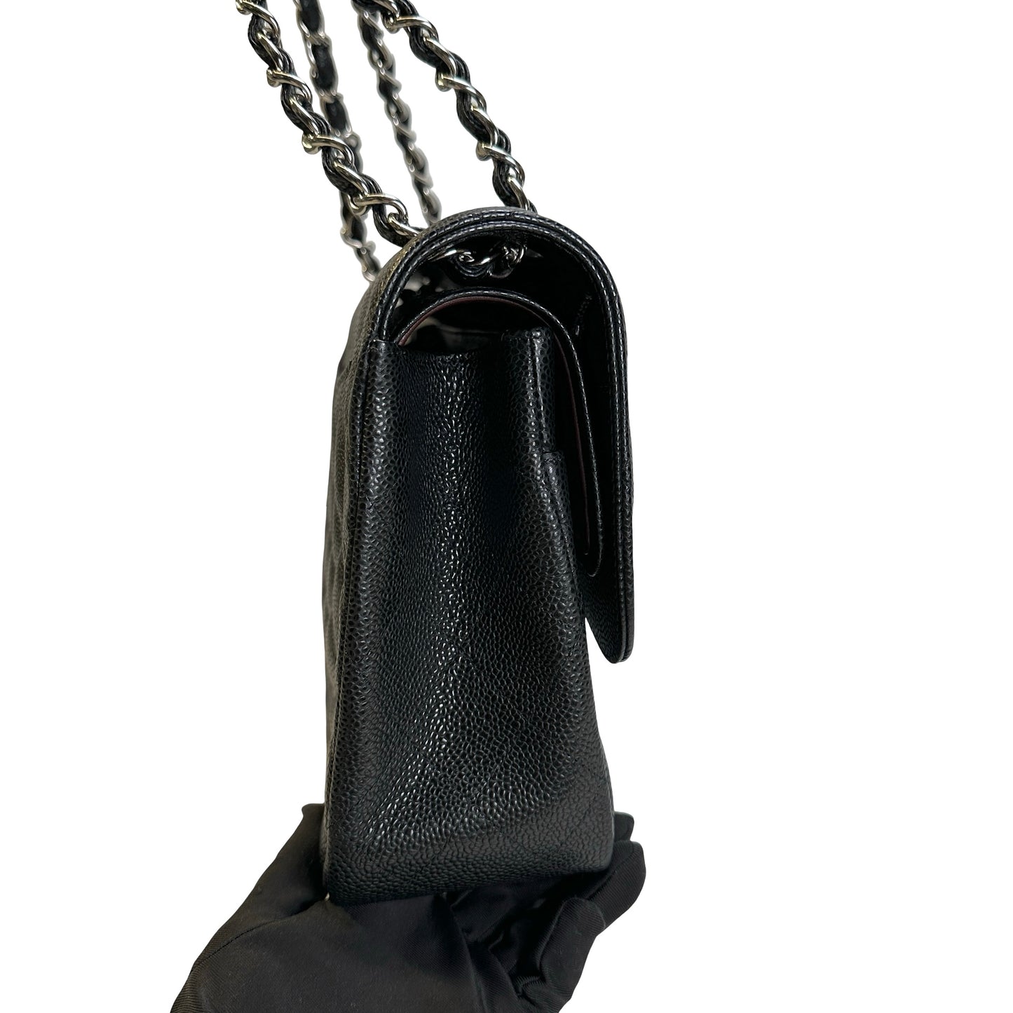 Used CHANEL Quilted Caviar leather Jumbo Single Flap Bag Shoulder Bag Black Silver hardware