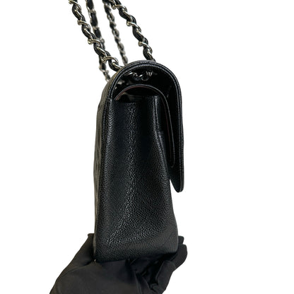Used CHANEL Quilted Caviar leather Jumbo Single Flap Bag Shoulder Bag Black Silver hardware