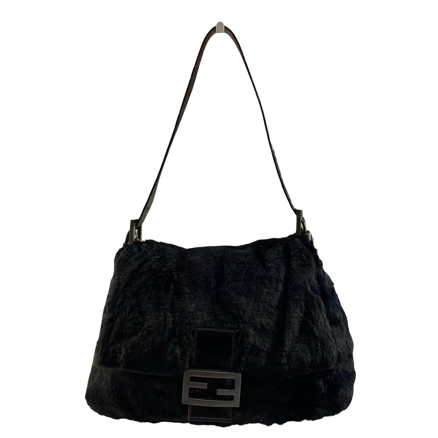 Used FENDI Rabbit Fur Shoulder Bag Black