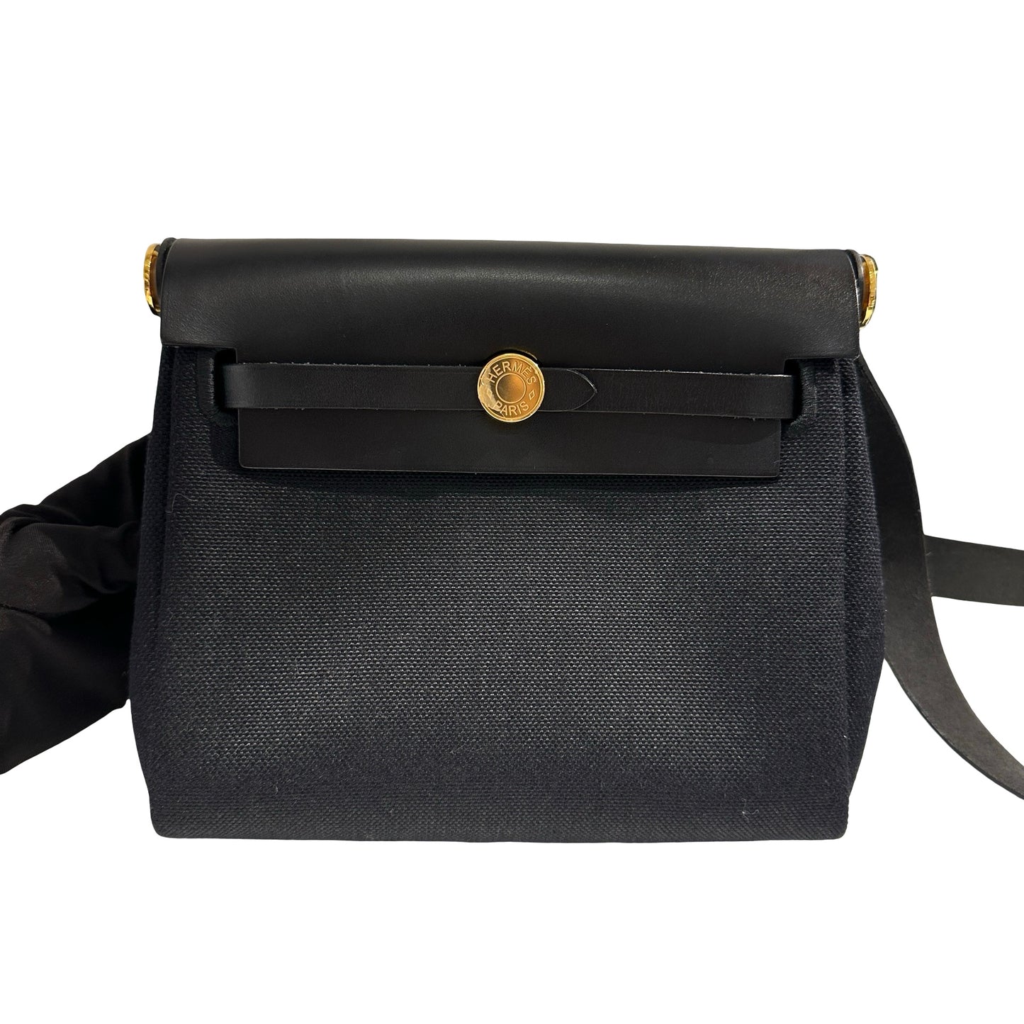 Used HERMES Canvas Leather Mini Herbag Handbag Black GHW