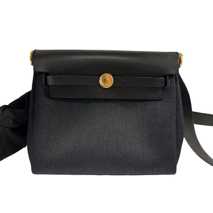 Used HERMES Canvas Leather Mini Herbag Handbag Black GHW